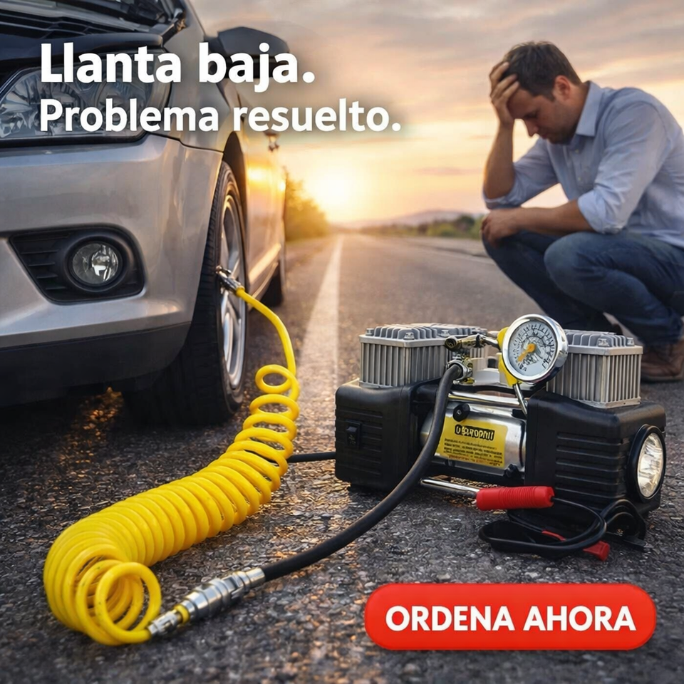 Nuevo MINI COMPRESOR DOBLE PISTÓN 12V + HERRAMIENTAS