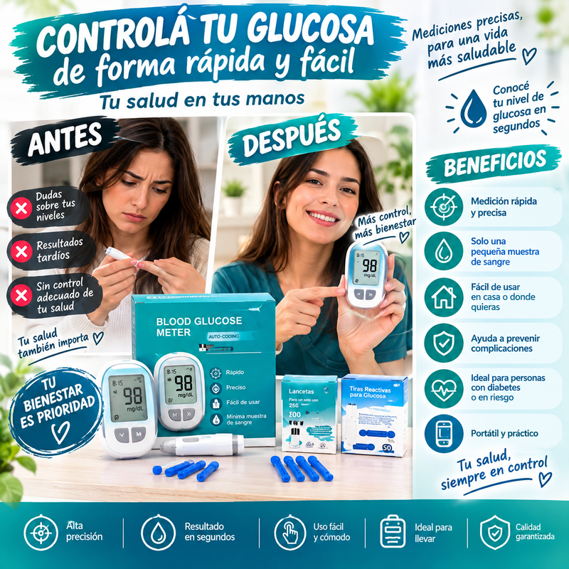 Nuevo Glucómetro para Monitoreo de Azúcar en Sangre con Tiras y Lancetas