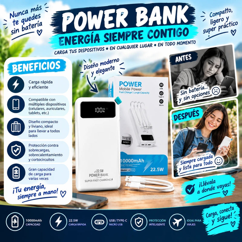 Batería Externa Portátil con Cables Integrados